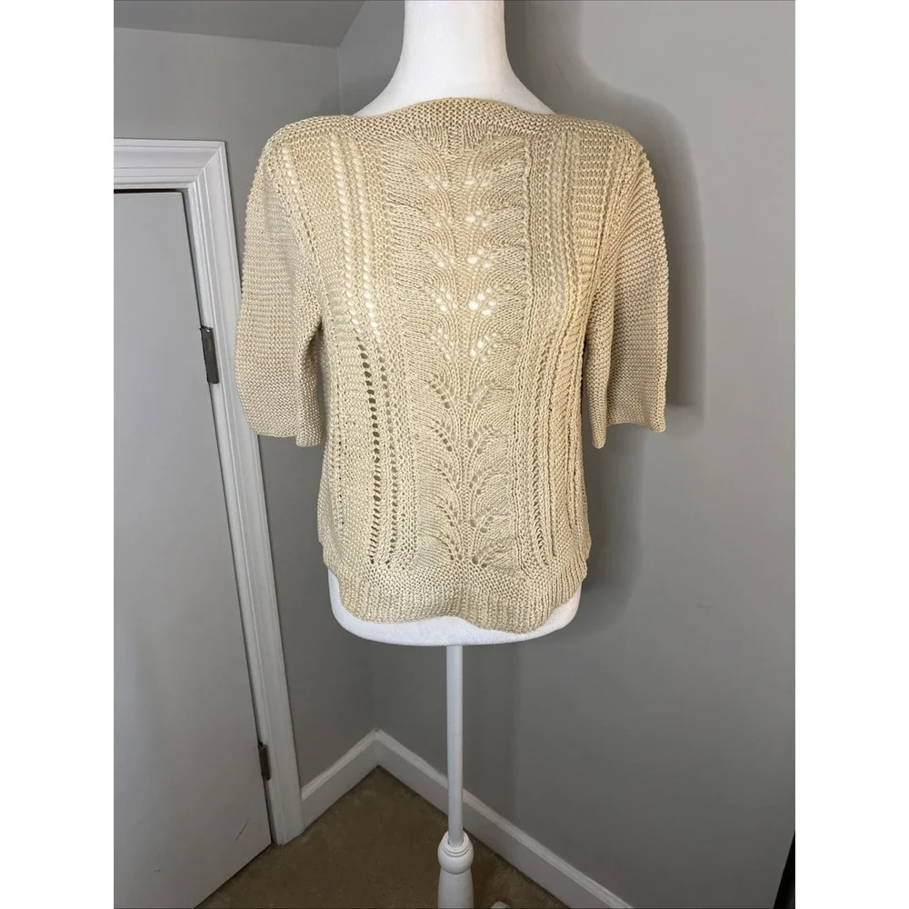 Vintage 70's Handmade Sweater Cream Ivory Cotton Eyelet Pullover Medium